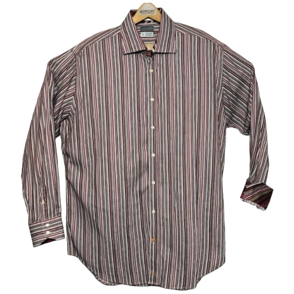 Thomas Dean Red White & Black Striped L/S Ctn Btn Down Flip Cuff Mens Size‎ XXL